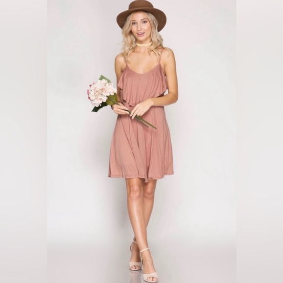 Dusty Rose Layered Ruffle Cami Dress with Spaghetti Straps - Picture 1 of 11